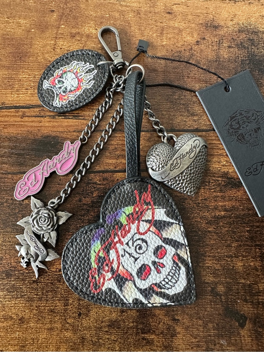Ed Hardy Black Heart Skull, Metal Accents Multi-Color Bag Charm or Keychain NWT